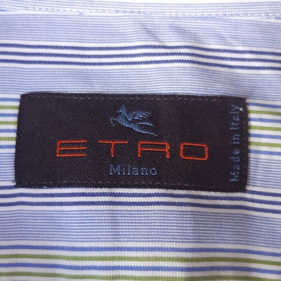 ETRO Milano SZ 39 Blue, Green & White Stripe Men's Cotton Button Up Shirt - Picture 4 of 12